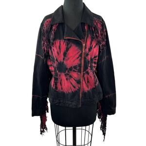 ASOS Black Red Tie-Dye Print Long Sleeve Fringe Cotton Zip Up Moto Jacket Sz 10